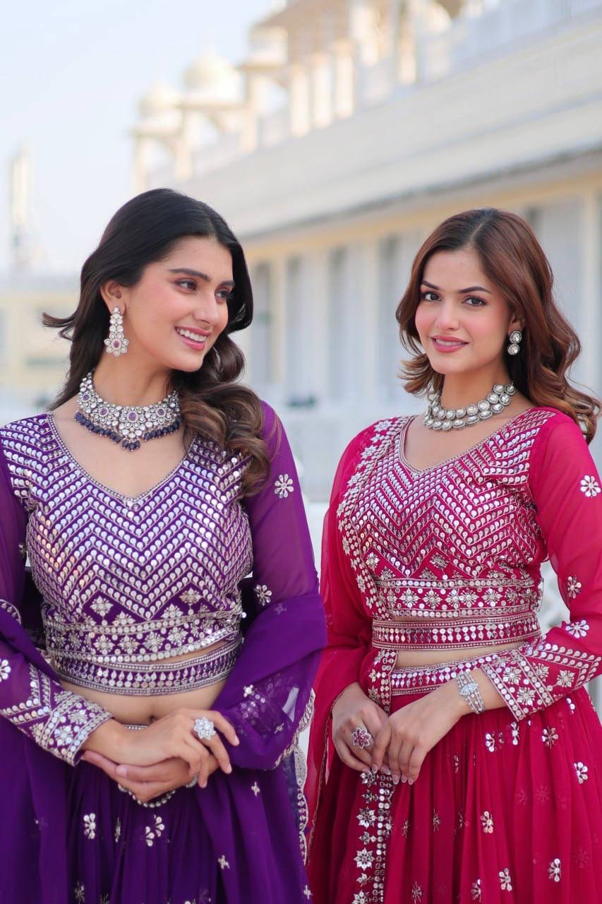 Sonakshi Women's Purple & Rani Pink Faux Georgette 7MM Sequins Embroidered Lehenga Choli Combo Set