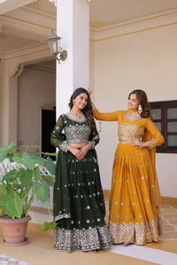 Thumbnail for Sonakshi Women's Green & Mustard Pink Faux Georgette 7MM Sequins Embroidered Lehenga Choli Combo Set