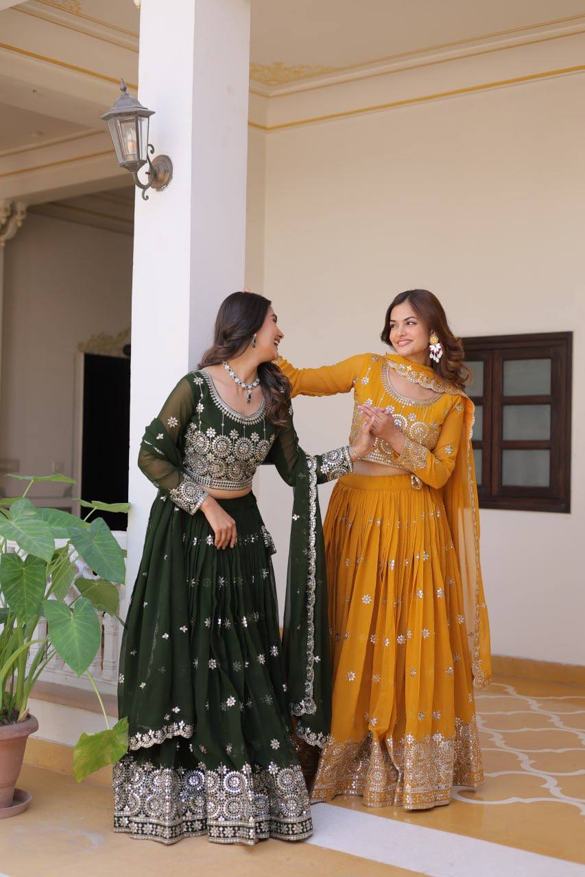Sonakshi Women's Green & Mustard Pink Faux Georgette 7MM Sequins Embroidered Lehenga Choli Combo Set