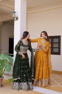 Thumbnail for Sonakshi Women's Green & Mustard Pink Faux Georgette 7MM Sequins Embroidered Lehenga Choli Combo Set