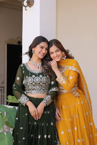 Thumbnail for Sonakshi Women's Green & Mustard Pink Faux Georgette 7MM Sequins Embroidered Lehenga Choli Combo Set