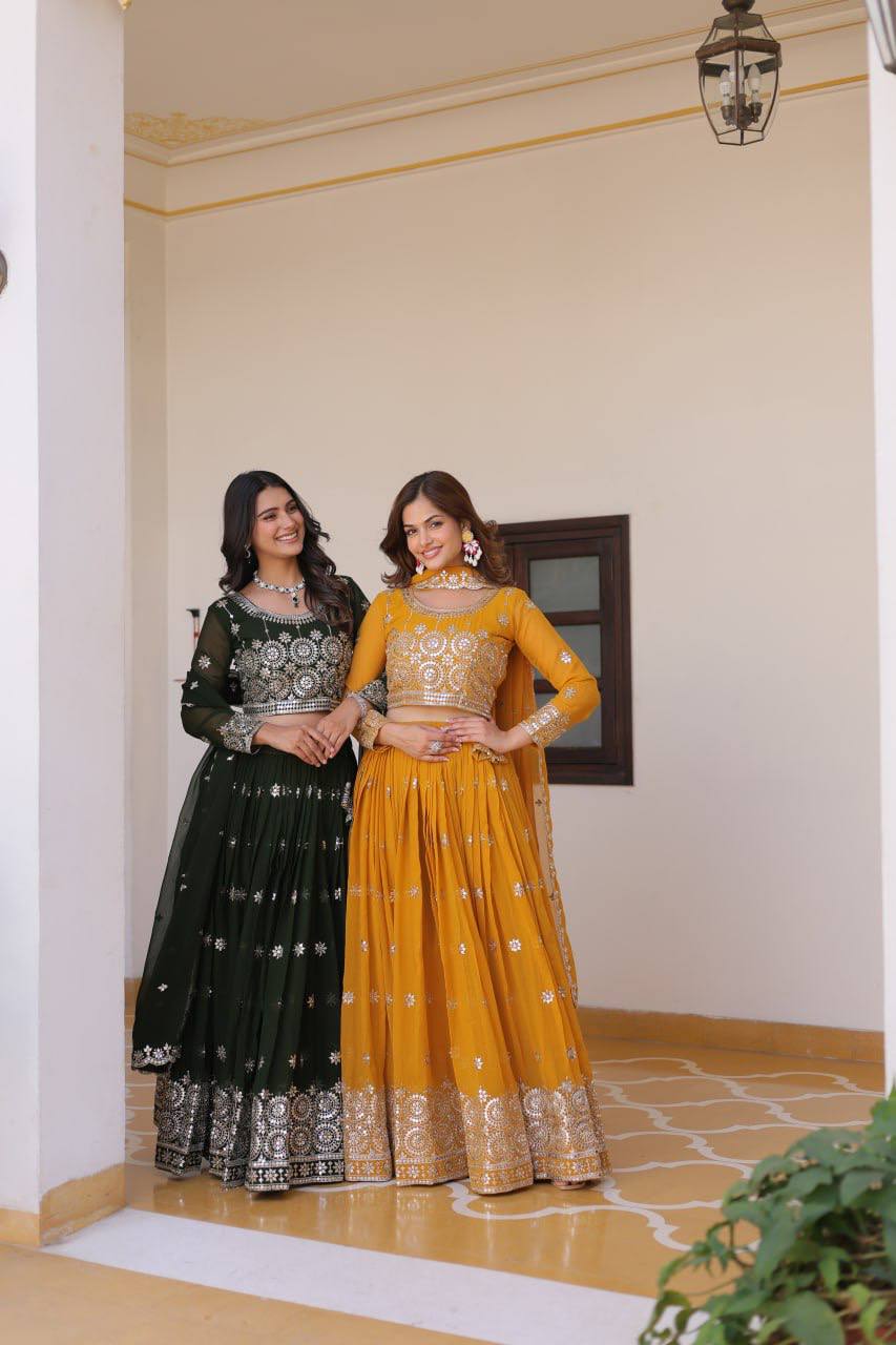 Sonakshi Women's Green & Mustard Pink Faux Georgette 7MM Sequins Embroidered Lehenga Choli Combo Set