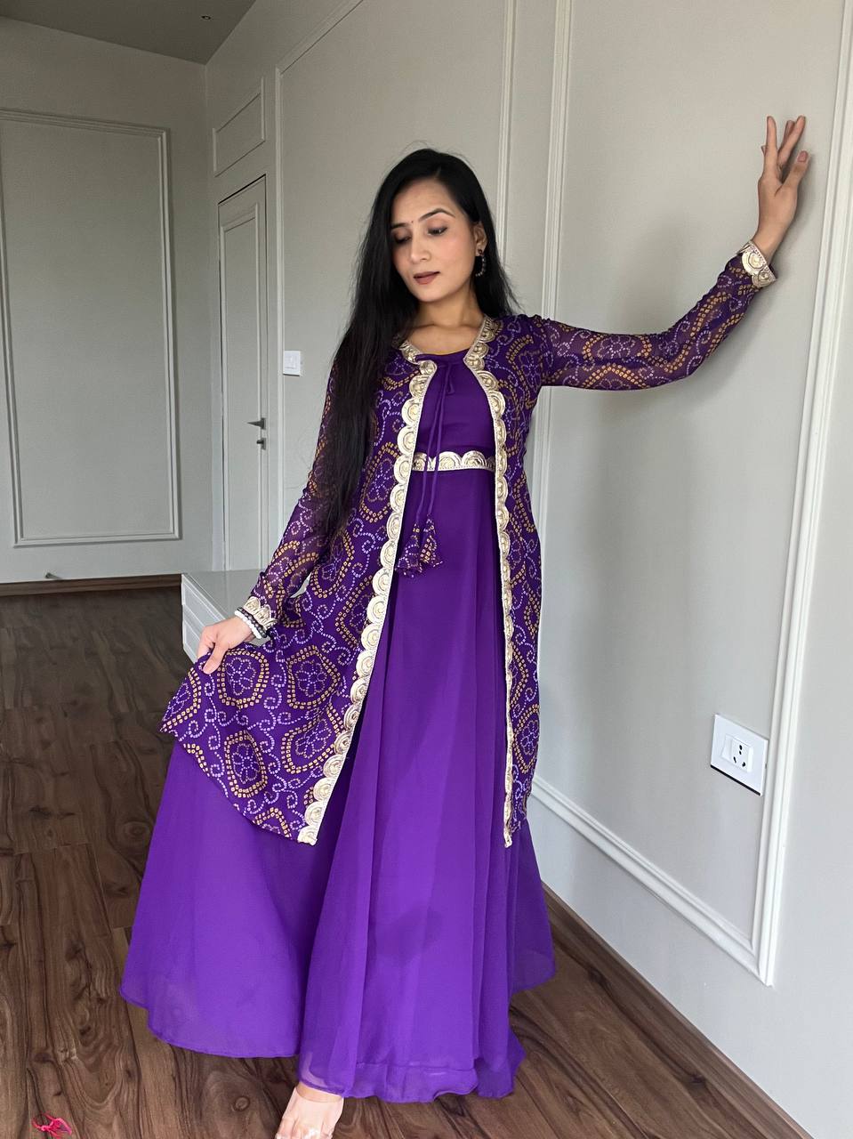 Sonakshi Women's Purple Faux Georgette Embroidered Lace Work Kurta with Shrug Set