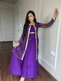 Thumbnail for Sonakshi Women's Purple Faux Georgette Embroidered Lace Work Kurta with Shrug Set