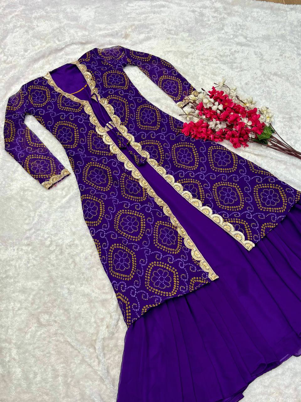 Sonakshi Women's Purple Faux Georgette Embroidered Lace Work Kurta with Shrug Set