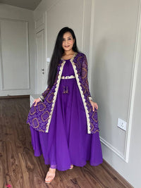 Thumbnail for Sonakshi Women's Purple Faux Georgette Embroidered Lace Work Kurta with Shrug Set