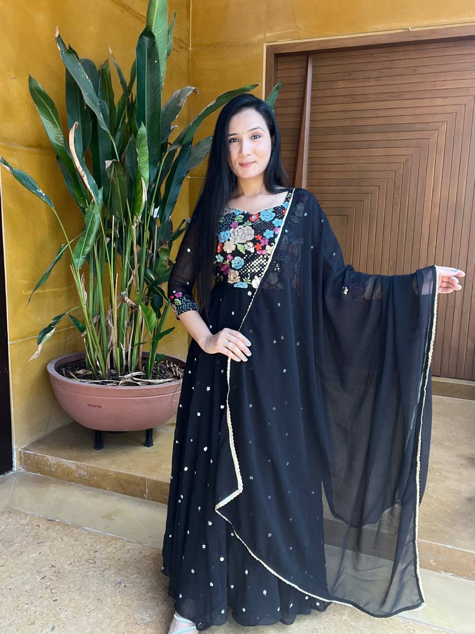 Sonakshi Women's Black Faux Georgette Sequins Embroidered Anarkali Dress with Dupatta
