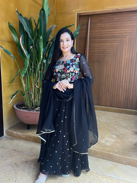Sonakshi Women's Black Faux Georgette Sequins Embroidered Anarkali Dress with Dupatta