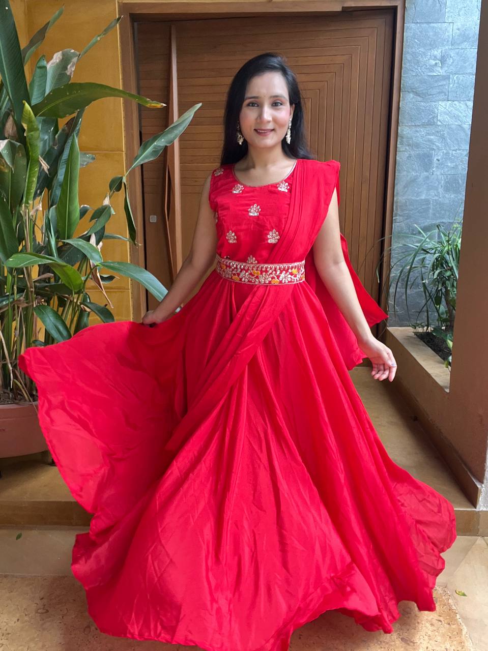 Sonakshi Women's Red Chinon Embroidered Lace Work Long Anarkali Sets