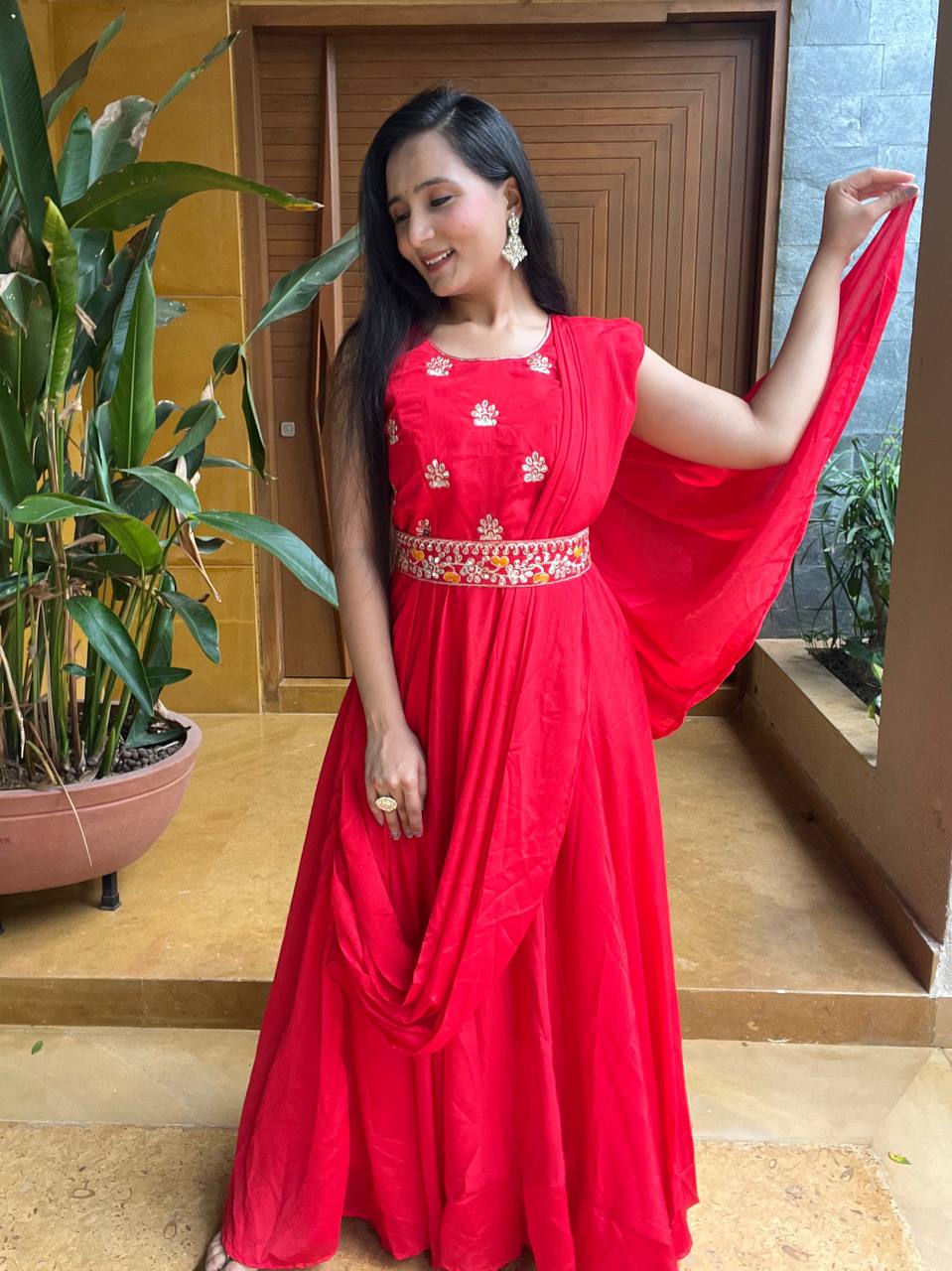 Sonakshi Women's Red Chinon Embroidered Lace Work Long Anarkali Sets