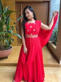 Thumbnail for Sonakshi Women's Red Chinon Embroidered Lace Work Long Anarkali Sets