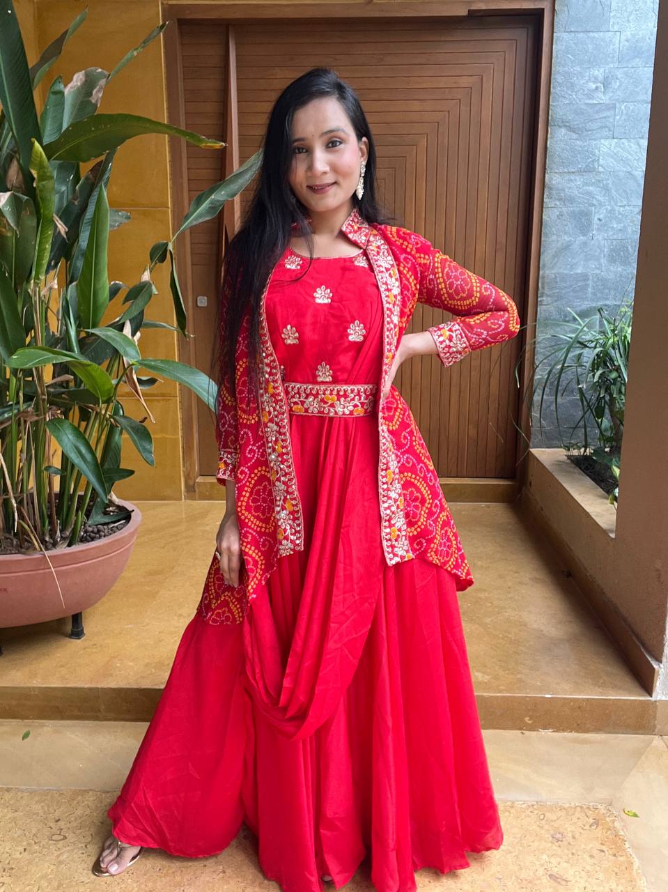 Sonakshi Women's Red Chinon Embroidered Lace Work Long Anarkali Sets