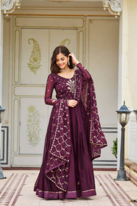 Thumbnail for Sonakshi Women's Wine Rangoli Silk Sequins Embroidered Anarkali Dress with Dupatta
