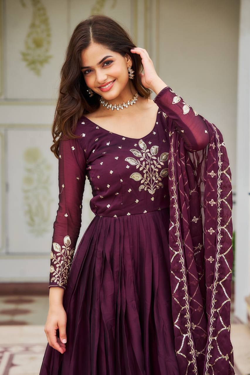 Sonakshi Women's Wine Rangoli Silk Sequins Embroidered Anarkali Dress with Dupatta