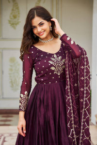 Thumbnail for Sonakshi Women's Wine Rangoli Silk Sequins Embroidered Anarkali Dress with Dupatta