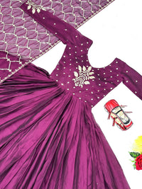 Thumbnail for Sonakshi Women's Wine Rangoli Silk Sequins Embroidered Anarkali Dress with Dupatta