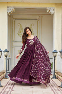 Thumbnail for Sonakshi Women's Wine Rangoli Silk Sequins Embroidered Anarkali Dress with Dupatta