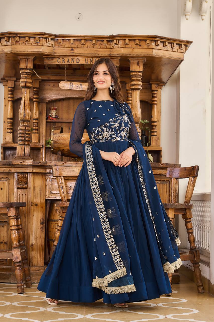 Sonakshi Women's Navy Blue Faux Georgette 3MM Sequins Embroidered Anarkali Dress with Dupatta