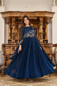 Thumbnail for Sonakshi Women's Navy Blue Faux Georgette 3MM Sequins Embroidered Anarkali Dress with Dupatta