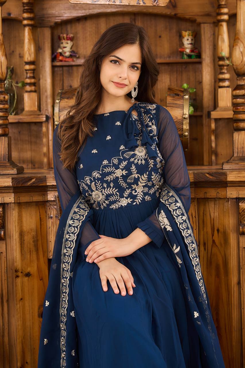 Sonakshi Women's Navy Blue Faux Georgette 3MM Sequins Embroidered Anarkali Dress with Dupatta