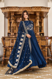 Thumbnail for Sonakshi Women's Navy Blue Faux Georgette 3MM Sequins Embroidered Anarkali Dress with Dupatta