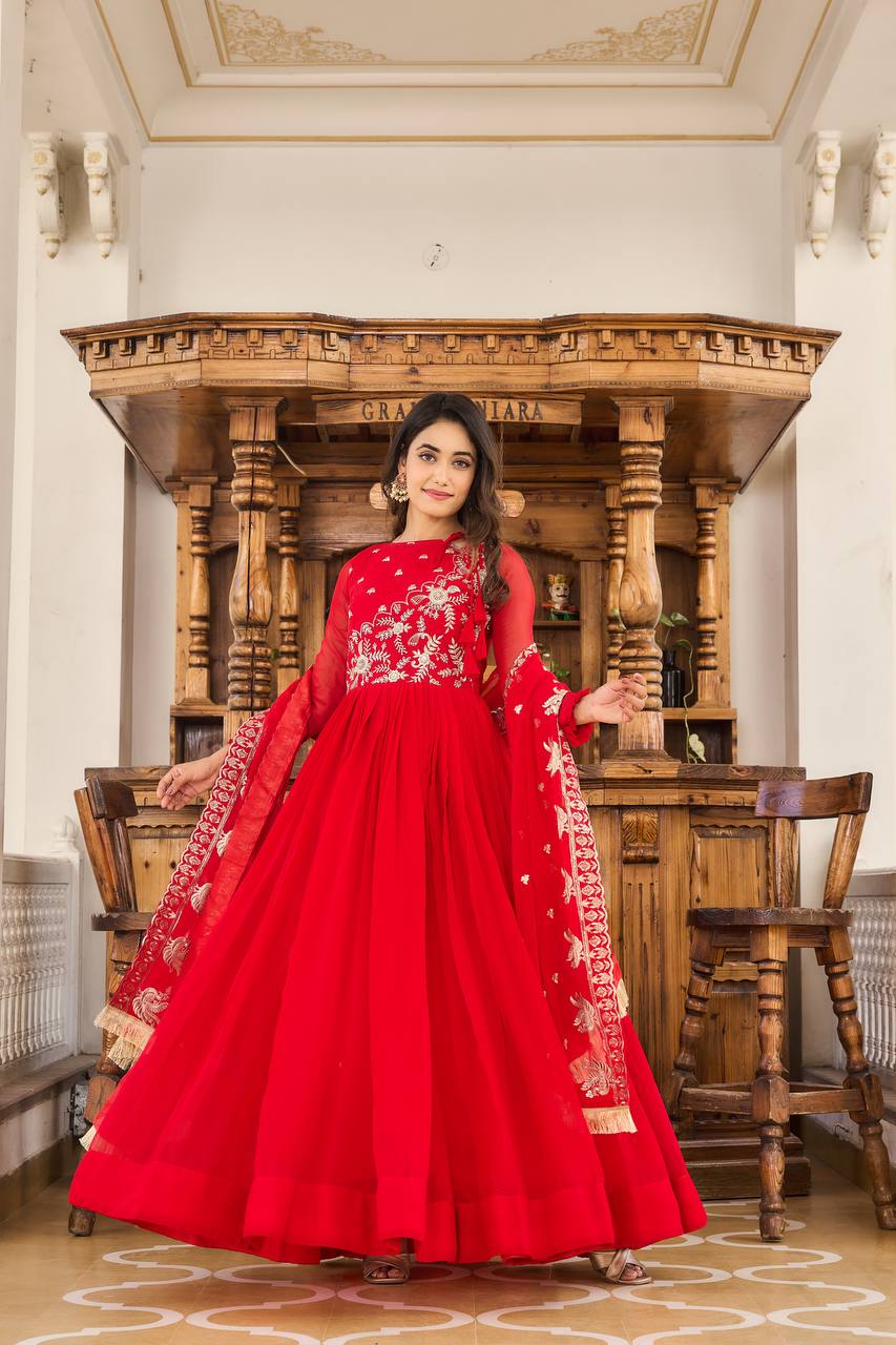 Sonakshi Women's Red Faux Georgette 3MM Sequins Embroidered Anarkali Dress with Dupatta