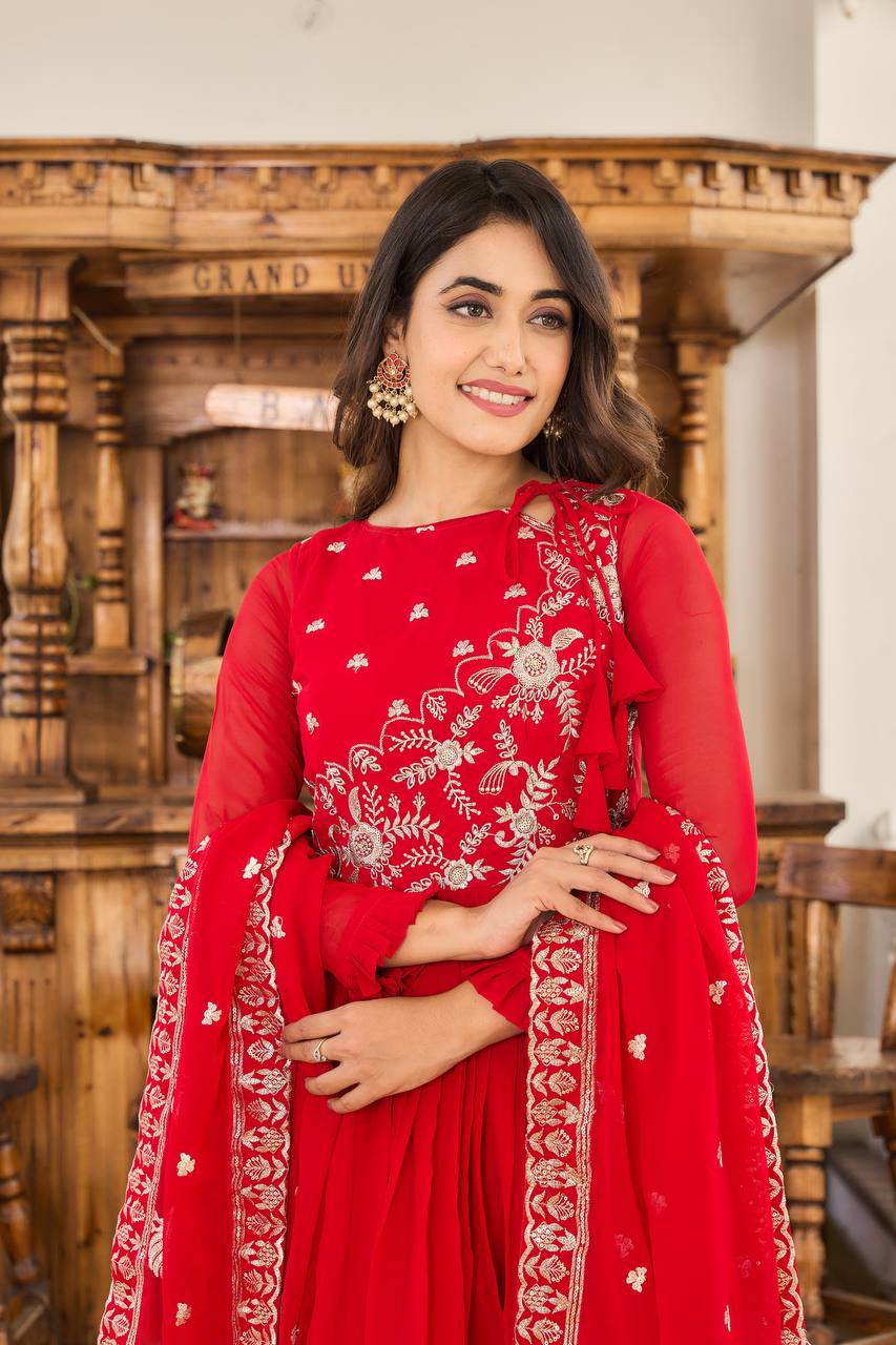 Sonakshi Women's Red Faux Georgette 3MM Sequins Embroidered Anarkali Dress with Dupatta