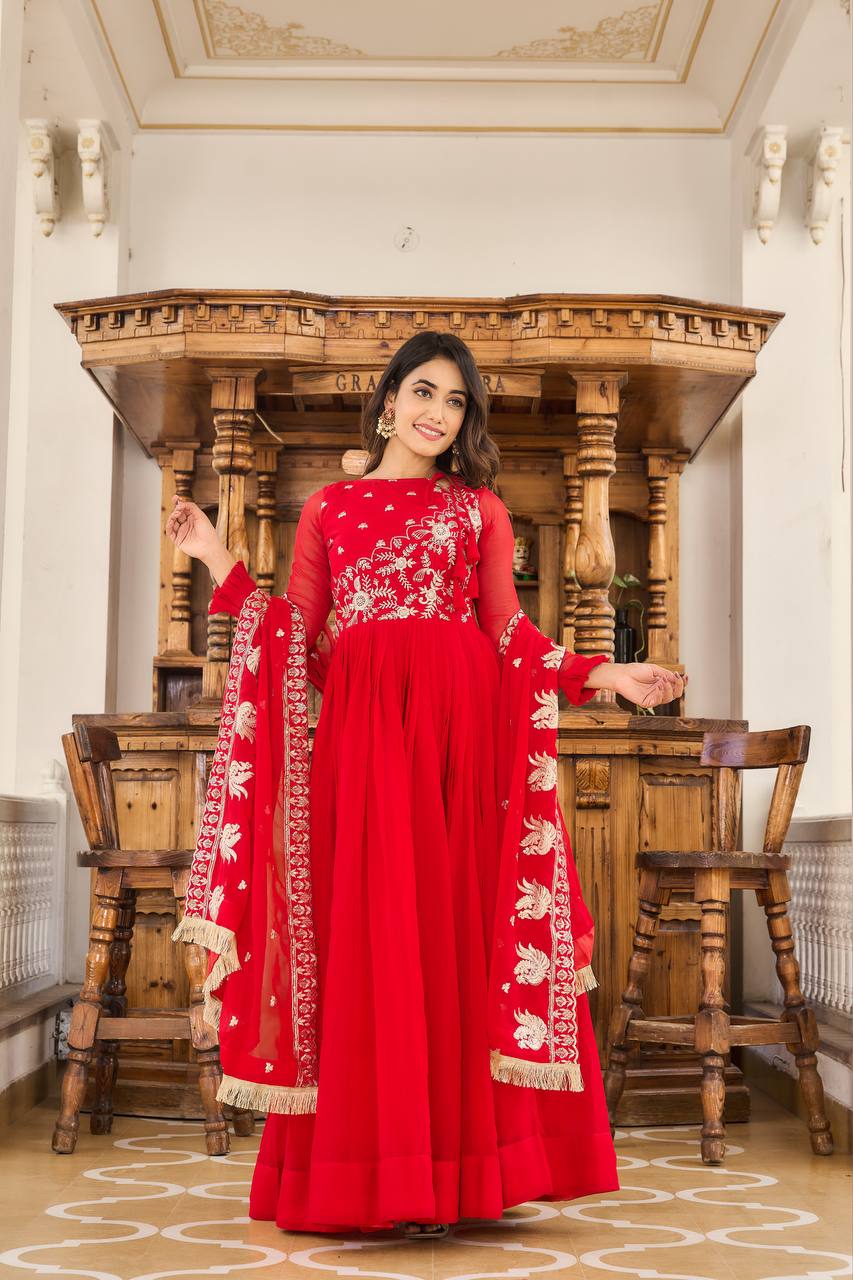 Sonakshi Women's Red Faux Georgette 3MM Sequins Embroidered Anarkali Dress with Dupatta