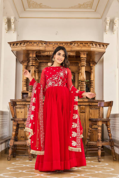 Sonakshi Women's Red Faux Georgette 3MM Sequins Embroidered Anarkali Dress with Dupatta