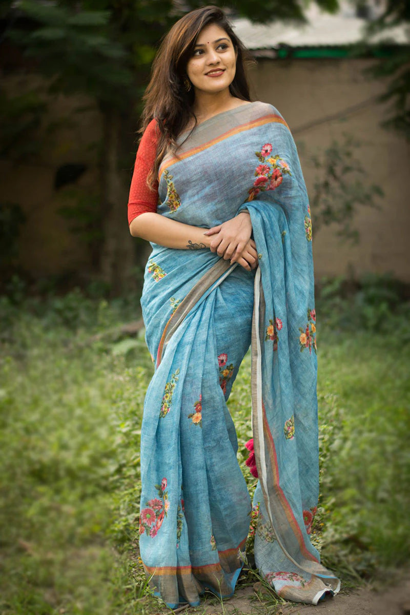Sonakshi Blue Digital Printed Munnar Slub Designer Saree with Blouse