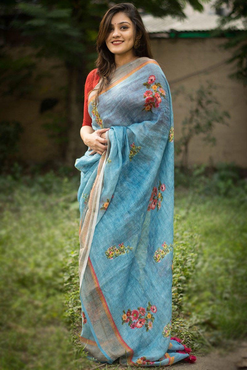 Sonakshi Blue Digital Printed Munnar Slub Designer Saree with Blouse