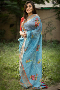 Thumbnail for Sonakshi Blue Digital Printed Munnar Slub Designer Saree with Blouse