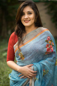 Thumbnail for Sonakshi Blue Digital Printed Munnar Slub Designer Saree with Blouse