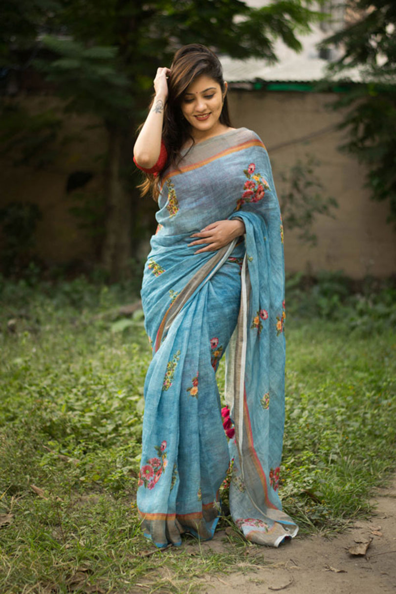 Sonakshi Blue Digital Printed Munnar Slub Designer Saree with Blouse
