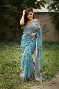 Thumbnail for Sonakshi Blue Digital Printed Munnar Slub Designer Saree with Blouse