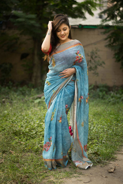 Sonakshi Blue Digital Printed Munnar Slub Designer Saree with Blouse