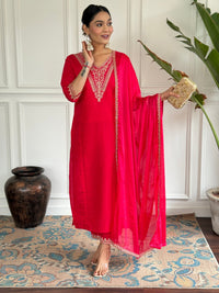 Thumbnail for Lyush Women Party Wear Embroidery Worked Kurta With Pant And Dupatta Set - Pink