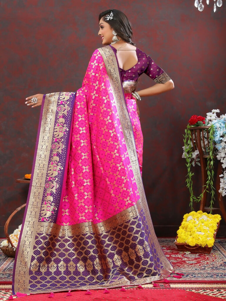 Vastranavya Pink Soft Patola Silk With Meenakari Weaving Motifs And Rich Zari Weaving Pallu Saree With Matching Blouse Fabric - Distacart
