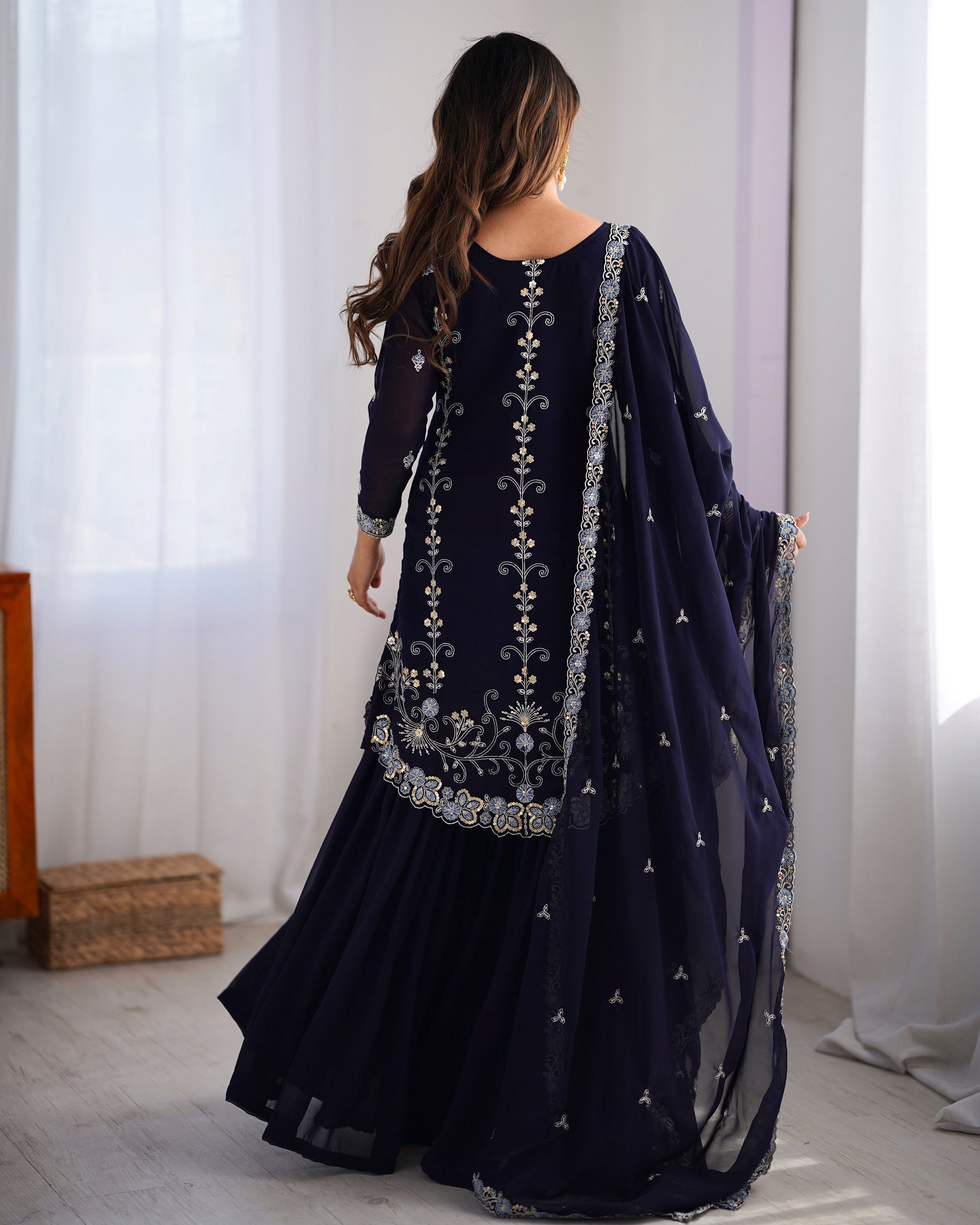 Lehenga Mart Navy Blue Faux Georgette Gorgeous Sharara Suit For Wedding Wear