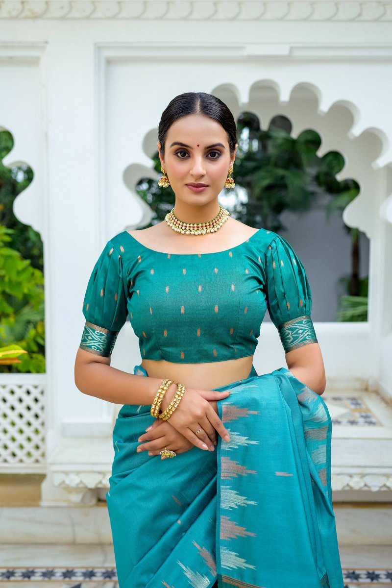 Aastha Fashion Turquoise Woven South Silk Saree with Blouse - Distacart