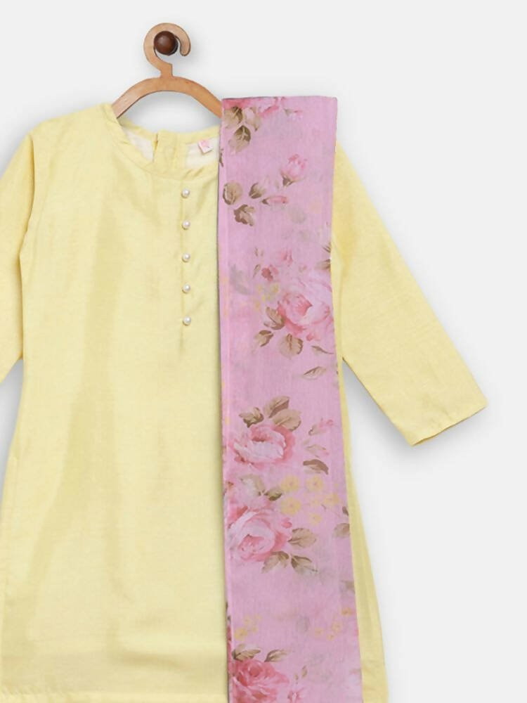 Ahalyaa Yellow Poly Silk Kids Kurta Pant With Dupatta For Girls - Distacart
