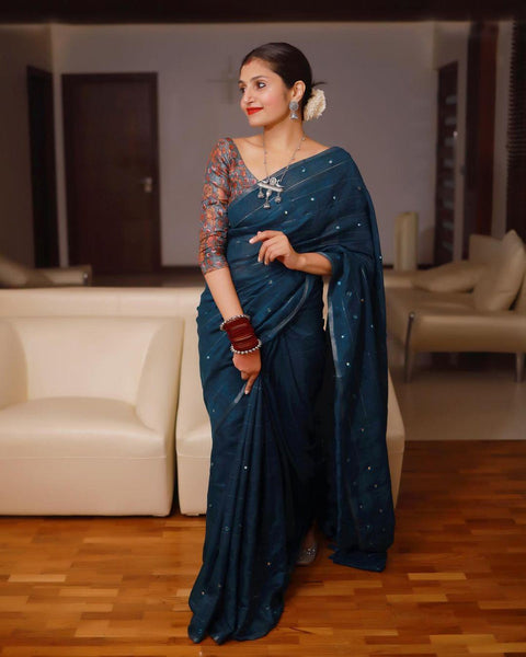 Blue Pure Linen Ethnic Motifs Saree with Unstitched Blouse - A2M