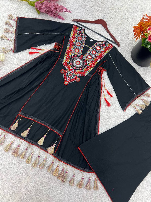 Prazu Fashion Black Khadi Cotton Embroidered Mirror Work Palazzo Suit