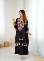 Thumbnail for Prazu Fashion Black Khadi Cotton Embroidered Mirror Work Palazzo Suit