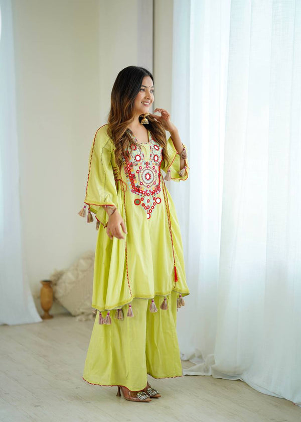 Prazu Fashion Lime Green Khadi Cotton Embroidered Mirror Work Palazzo Suit