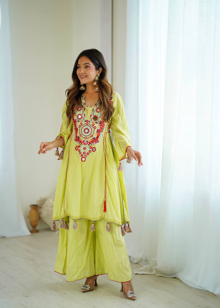 Prazu Fashion Lime Green Khadi Cotton Embroidered Mirror Work Palazzo Suit