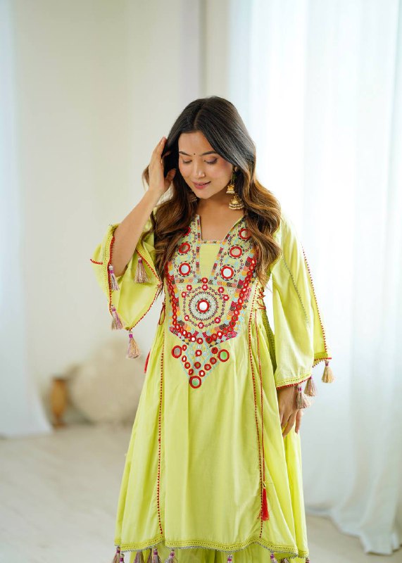 Prazu Fashion Lime Green Khadi Cotton Embroidered Mirror Work Palazzo Suit