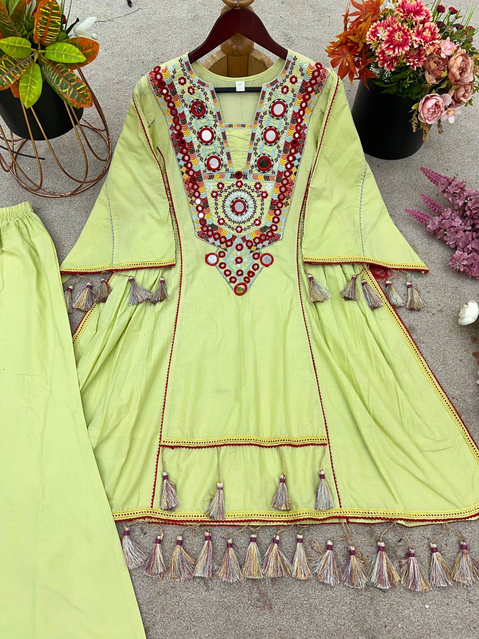 Prazu Fashion Lime Green Khadi Cotton Embroidered Mirror Work Palazzo Suit