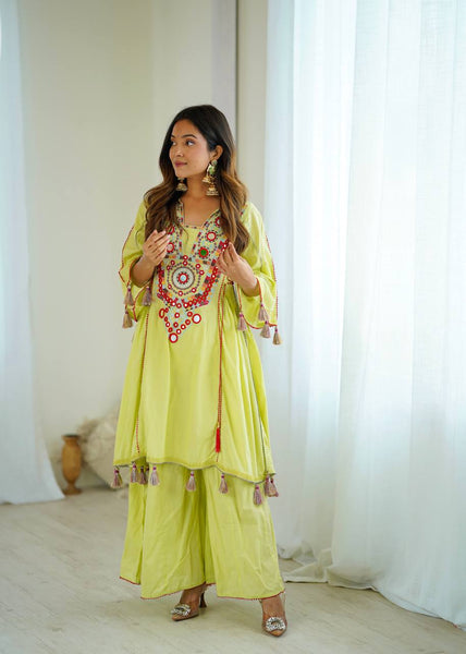 Prazu Fashion Lime Green Khadi Cotton Embroidered Mirror Work Palazzo Suit