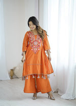 Thumbnail for Prazu Fashion Orange Khadi Cotton Embroidered Mirror Work Palazzo Suit